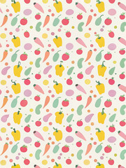 Seamless pattern of colorful vegetables tomatoes, peppers, carrots, beans.