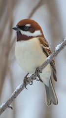 Fototapeta premium Chestnut-eared Bunting Perched Snowy Branch Winter