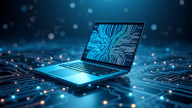 Futuristic illustration about computer technology with a laptop in neon colors. For cover backgrounds, wallpapers and other modern projects.