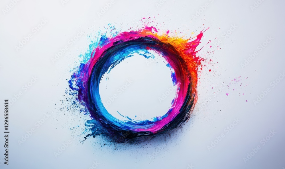 Aufkleber bold abstract circle created by vibrant paint splashes on a clean white surface, illuminated by soft