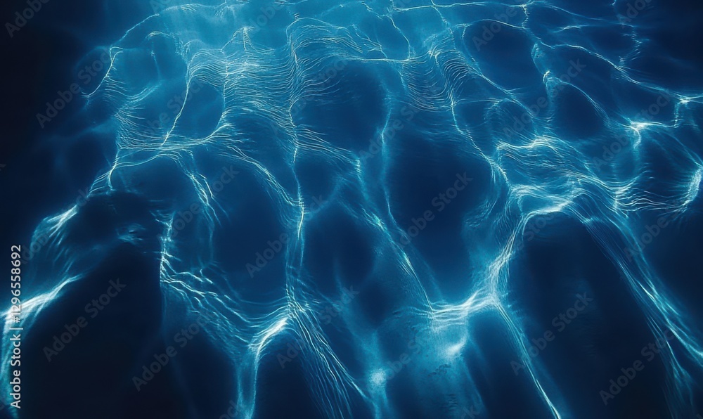 Aufkleber dynamic ripple patterns on deep blue ocean water, illuminated by sunlight, creating a serene and ref
