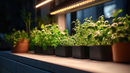 Lush Indoor Herb Garden with Soft Lighting and Vibrant Green Plants in Modern Kitchen Setting