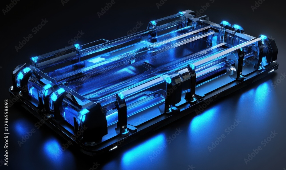 Poster bold architectural rendering of glowing futuristic server racks with dynamic blue lighting, symboliz