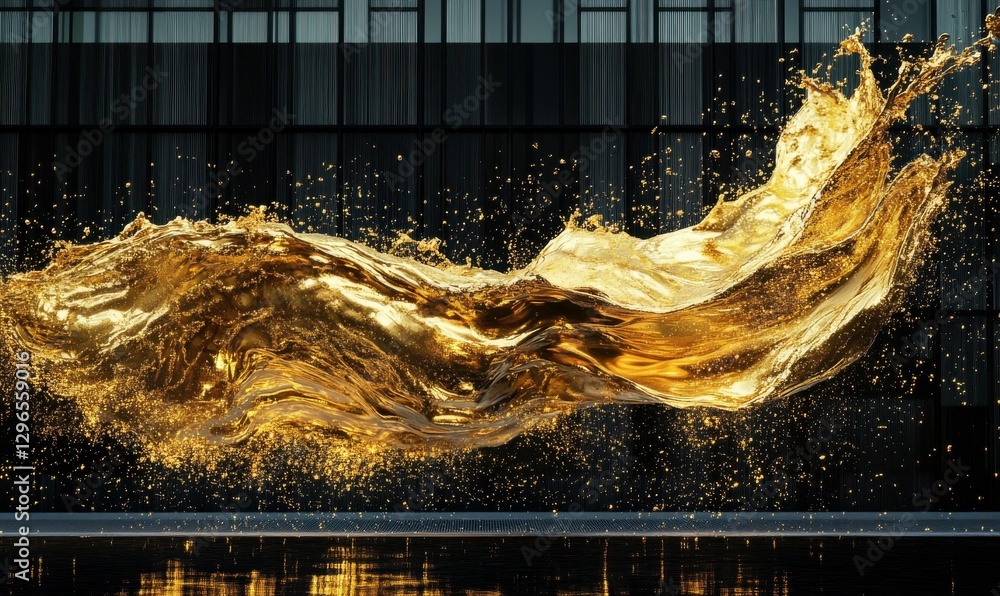 Aufkleber dynamic splash of golden liquid against a black background illuminated by glowing light, creating a 