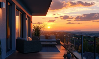 Peaceful sunset view from a modern balcony with a cozy seating area, vibrant orange hues filling the sky.