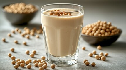 Soy milk smoothie in glass, with soy beans scattered on light gray surface