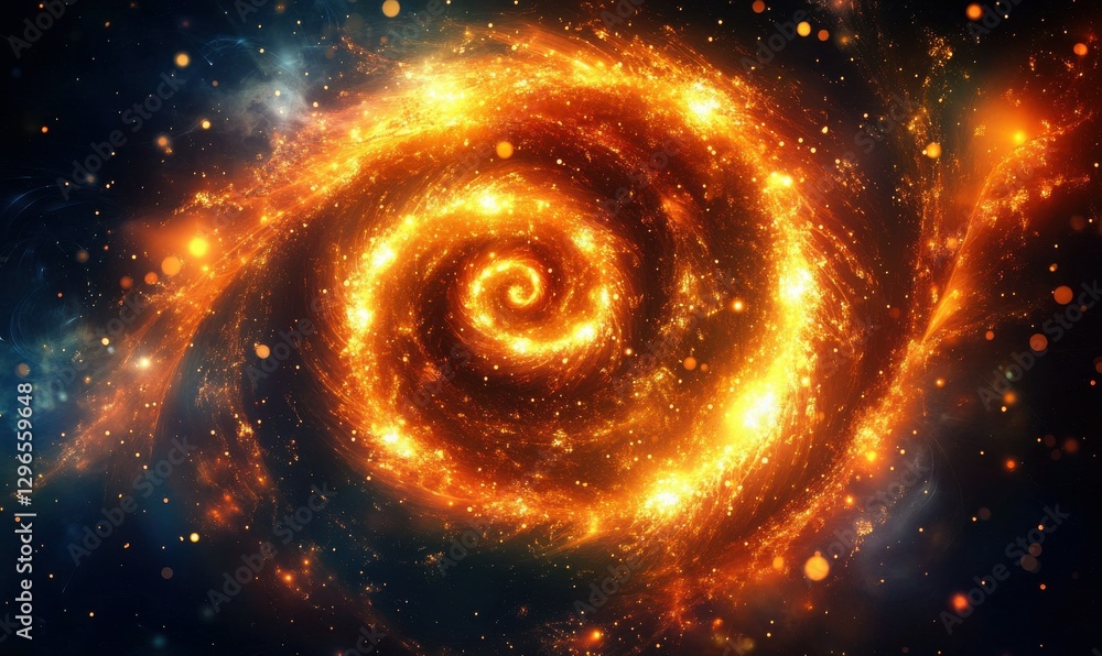 Poster dynamic swirling golden particles forming trails against a dark background illuminated by glowing li