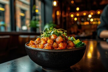 Naklejka premium A delicious bowl of Korean BBQ tofu with fresh greens and cucumber on a dark table, soft restaurant lighting creating a cozy and inviting atmosphere.