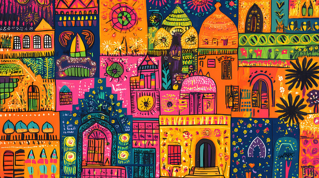 Vibrant abstract illustration of an exotic oriental cityscape featuring intricate architectural patterns and bold neon colors in a folk art style