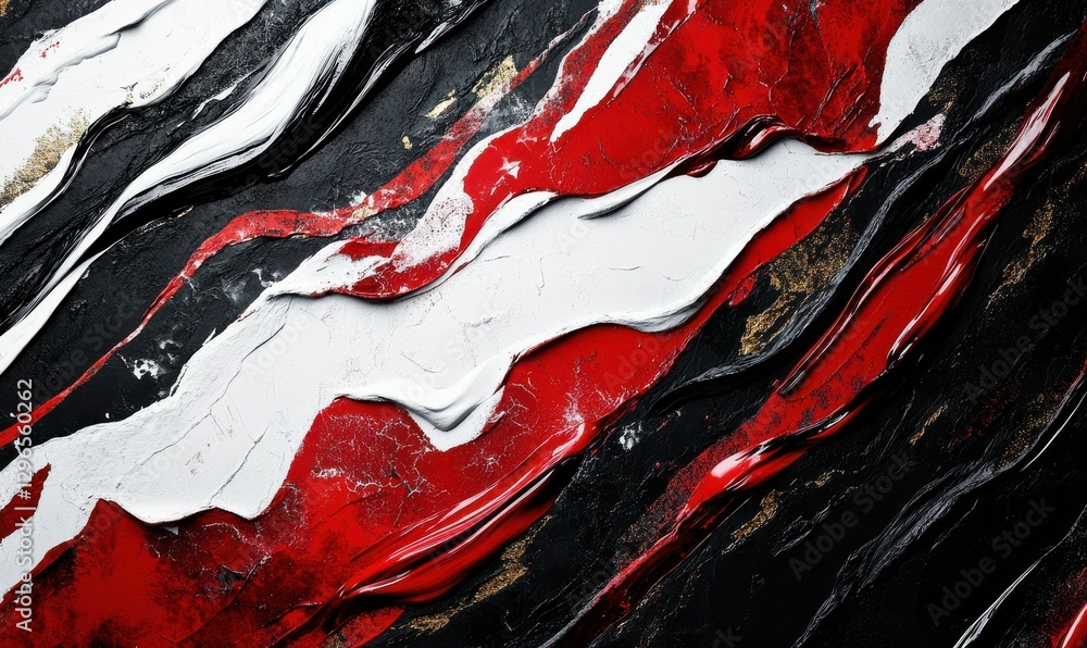 Poster bold streaks of vibrant red and white paint layered dynamically on a black textured surface, creatin