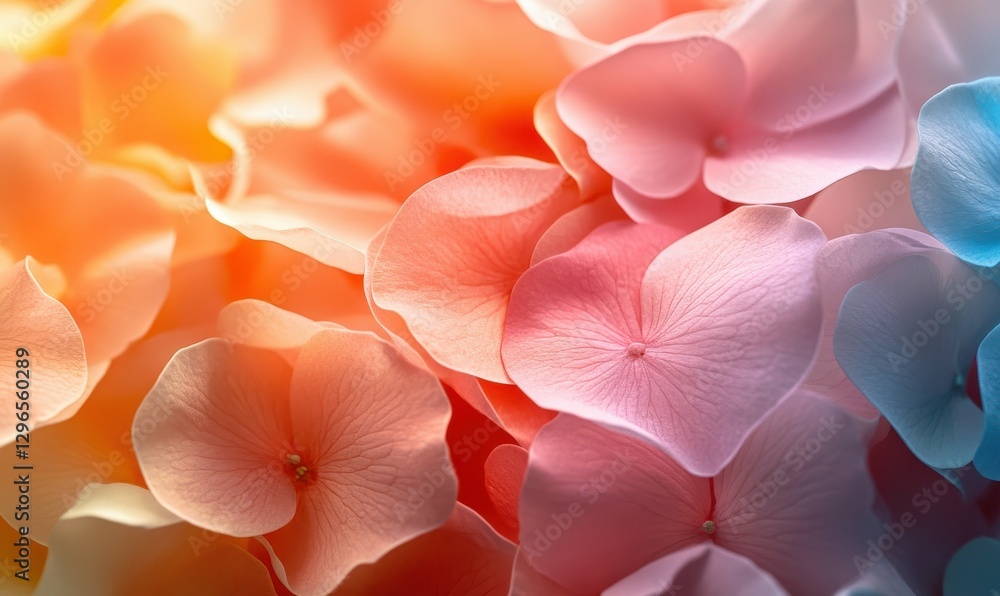 Poster elegant abstract composition of colorful petals in gradient tones, illuminated by soft light for a s
