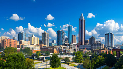 Fototapeta premium Downtown skyline with prominent skyscrapers and hotels under a clear blue sky