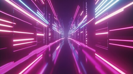 Obraz premium Abstract Neon Corridor with Glowing Lines and Reflections Perspective View