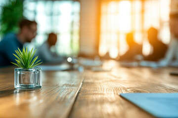 modern meeting room with small plant centerpiece, sunlight streaming in, creating warm atmosphere