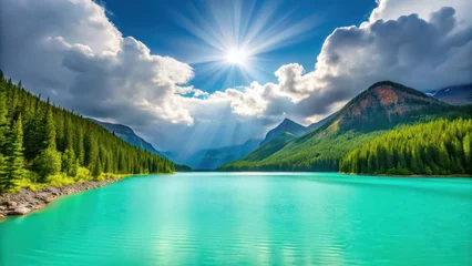 Fototapete a scenic landscape with a turquoise lake, towering mountains, and a bright sun peeking through clouds © Diclonius