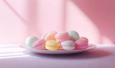 Fototapeta premium Elegant arrangement of pastel-colored macarons placed neatly on a sleek ceramic plate, softly illuminated for a whimsical and delightful dessert aesthetic