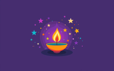 A vibrant Diwali illustration featuring a glowing oil lamp (diya) with colorful fireworks and sparkles against a deep purple background. Concept of Diwali, joy, and cultural festivity.