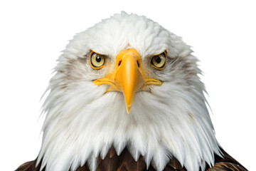 Obraz premium Majestic bald eagle displays fierce expression with sharp gaze and striking colors in natural habitat during daylight hours, cut out