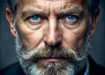 An intense close-up portrait of a mature man with striking blue eyes and a well-groomed beard, reflecting depth, wisdom, and strong character in his expression.