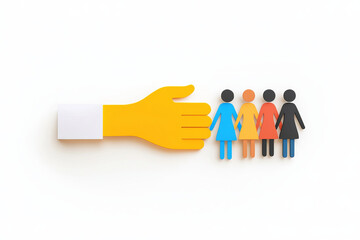 large yellow hand reaching out to diverse group of people symbolizes support and collaboration