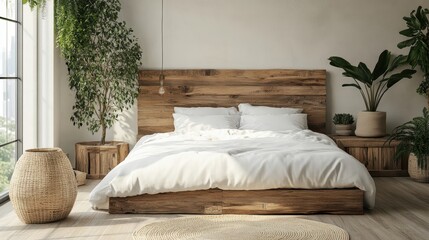 Cozy minimalistic bedroom interior design with wooden furniture and large windows allowing natural light