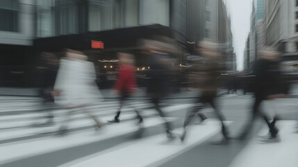 A fast-paced city life concept with a motion blur effect of people walking