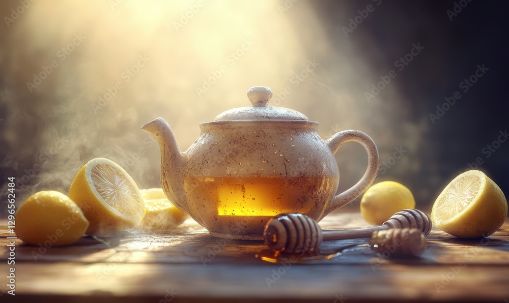 Poster freshly brewed tea in a rustic ceramic teapot placed on a wooden table surrounded by lemon slices an
