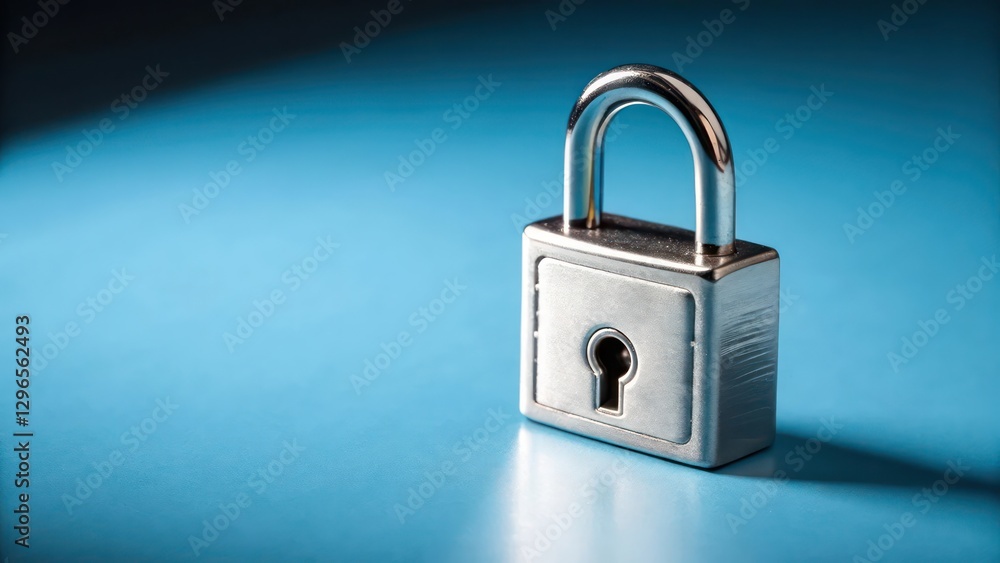 Poster a shiny metal padlock rests on a blue background, casting a subtle shadow that adds depth to the ima