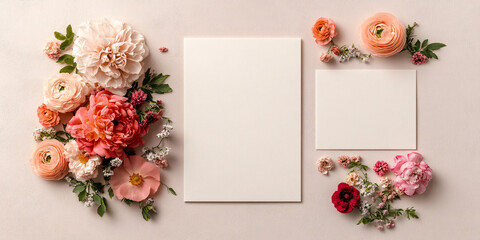 Styled Blank Cards with Peach and Pink Flowers on Light Pink Background [with space]
