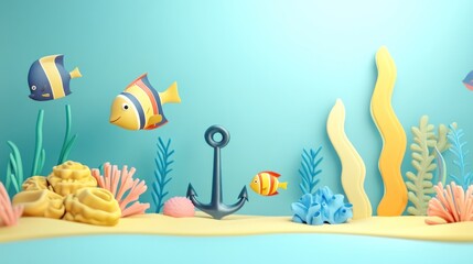 Fish swim near anchor on ocean seabed