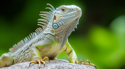 Obraz premium Iguana sunbathing on a rock tropical forest wildlife photography lush green environment close-up view nature's beauty
