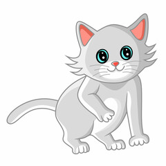 Vector graphic illustration of a cartoon gray cat with big adorable eyes and a friendly smiling expression. Perfect for representing cuteness or a funny pet design.