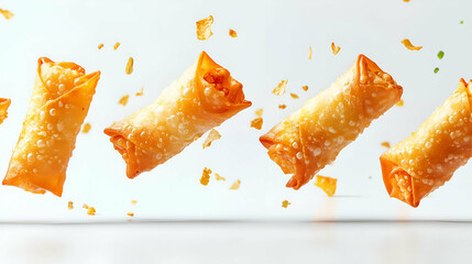 Crispy Golden Spring Rolls with Flaky Crumbs Floating in the Air