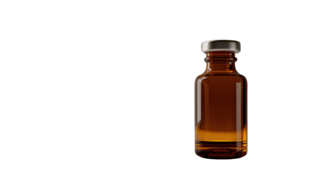 Amber medical glass vial with silver cap on transparent background
