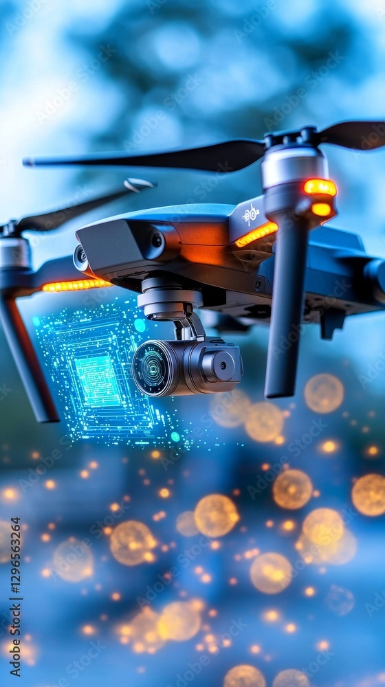 Poster harnessing advanced drone technology for futuristic applications in urban environments