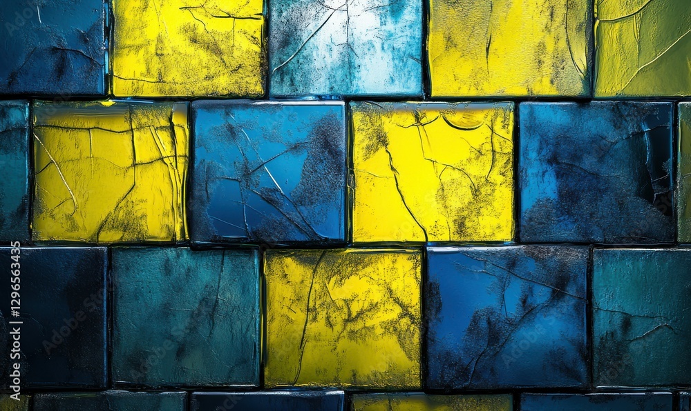 Poster bright yellow and blue square panels placed against a textured backdrop, illuminated by diffused lig