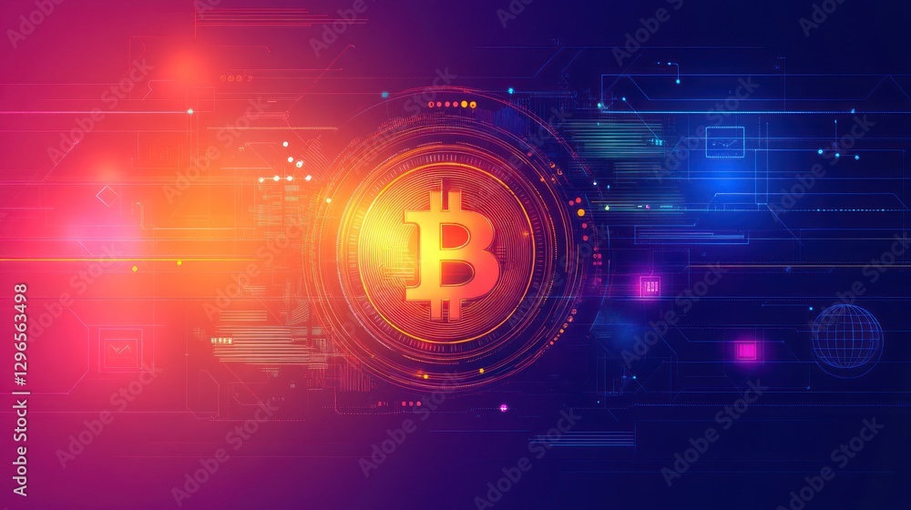 Poster digital bitcoin technology concept with glowing network and futuristic design