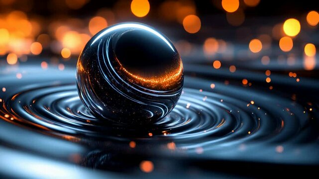 An intricate design of a reflective chrome sphere emitting waves of metallic liquid that spiral around it under the contrast of deep darkness and radiant lights