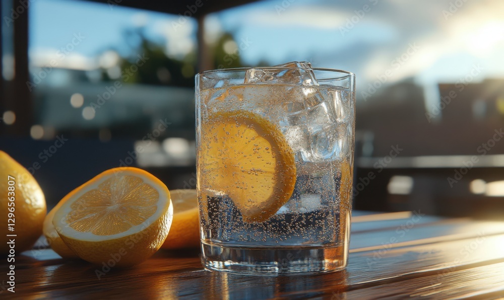 Poster glass of sparkling water with ice cubes and lemon slices, placed on a wooden table with natural ligh