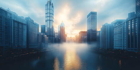 Scenic panoramic cityscape with futuristic skyscrapers and river reflections at sunset, modern urban skyline and financial district under a dramatic sky