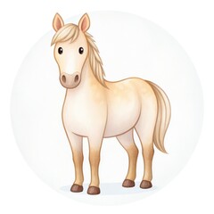a charming cartoon illustration of a horse with a light cream coat, standing gracefully. The horse has a friendly expression and soft features.