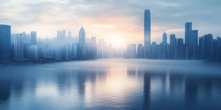 Modern City, panoramic view. Sunrise over the city and sea bay