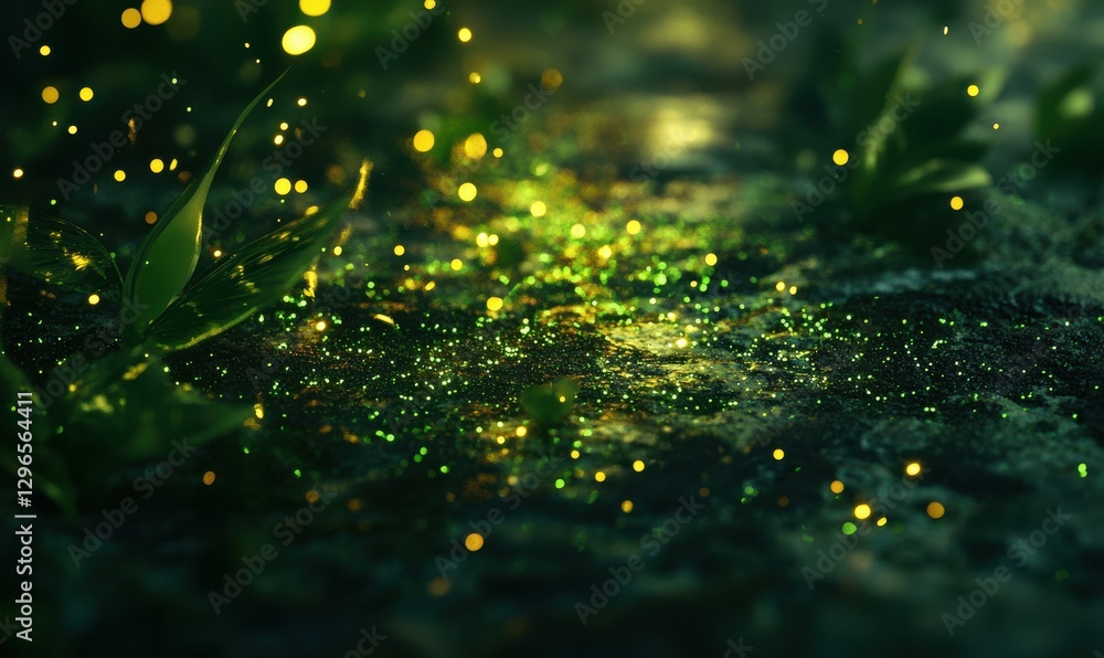 Poster glowing green sparkles scattered across a textured background, softly illuminated to create a festiv