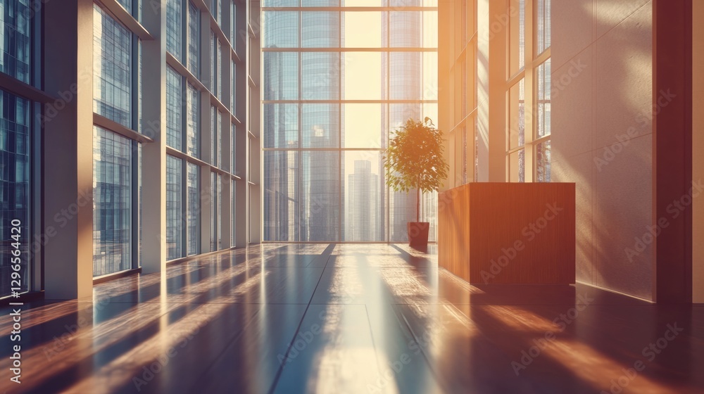 Aufkleber bright morning light streaming through large windows in a modern office space showcasing urban skyli