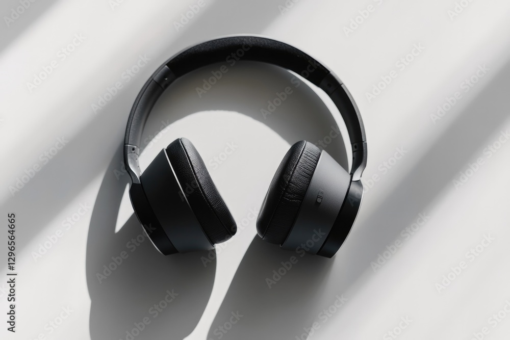 Poster close-up of pair of sleek headphones neatly placed on white surface surrounded by soft shadows and g