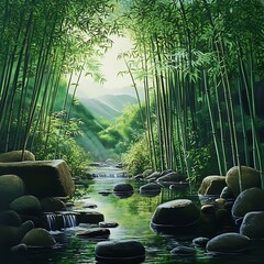 green bamboo forest with water stream and stones.