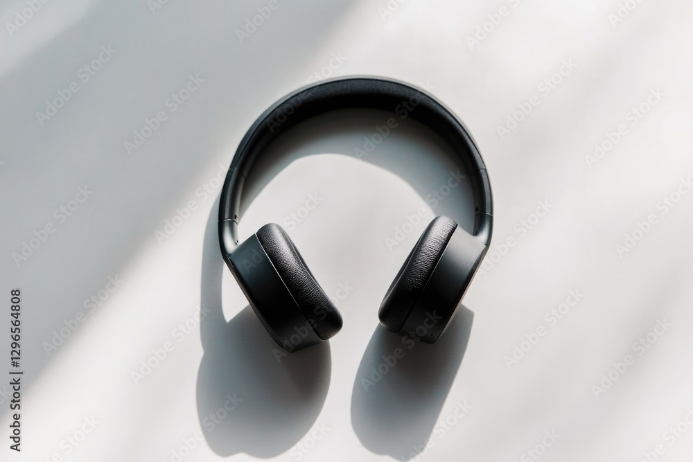 Poster close-up of pair of sleek headphones neatly placed on white surface surrounded by soft shadows and g
