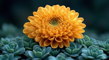 Vibrant yellow chrysanthemum flower blooming among succulent plants nature close-up serene environment macro view