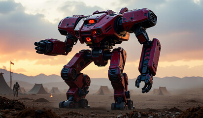 a red and black robot standing on top of a pile of dirt with a sunset in the background