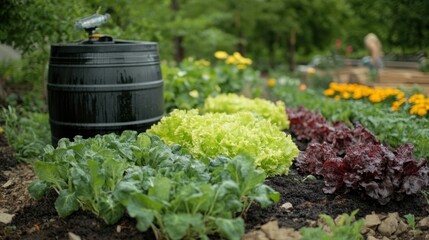 Fresh Vegetable Garden with Vibrant Lettuce Varieties and Rain Barrel in a Lush Landscape